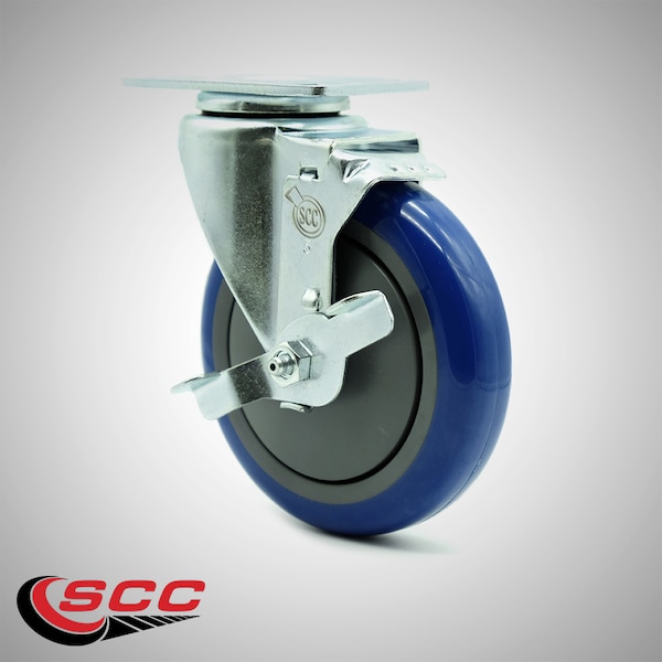 5 Inch SS Blue Polyurethane Swivel Top Plate Caster with Brake